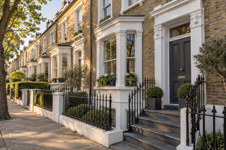 Illustrative renovated London Victorian townhouse exterior